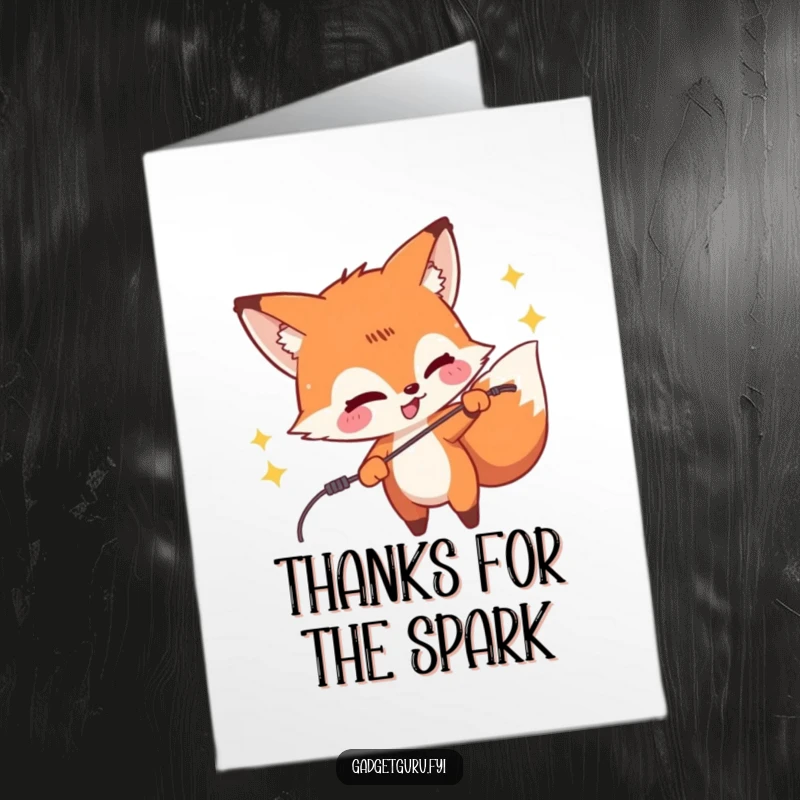 Funny Free Printable Thank You Card: A mischievous fox character playfully zaps a wire, creating a fun electrical spark.