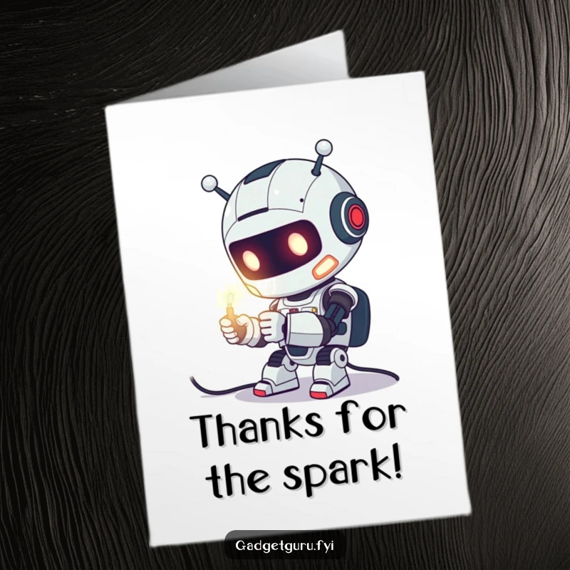 Funny Free Printable Thank You Card of a cute robot intently fixing a glowing wire, conveying mechanical gratitude.