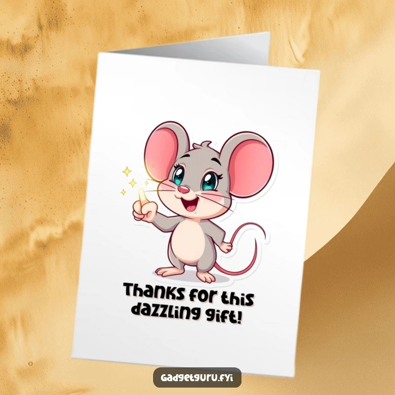 Funny Free Printable Thank You Card: Excited mouse pointing at a holographic display, ideal DIY gift.