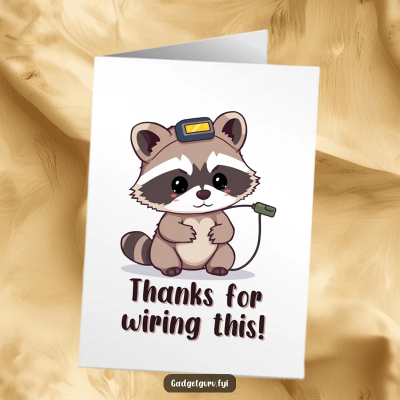Funny free printable thank you card: a tiny raccoon with a headlamp intently examines a tiny wire, showing focused gratitude.