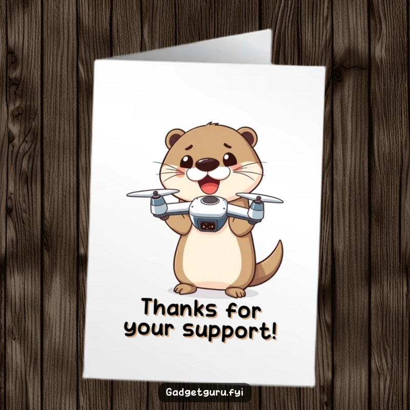 Funny Free Printable Thank You Card: A playful otter happily shows off a tiny drone, projecting a thank you message from the air.