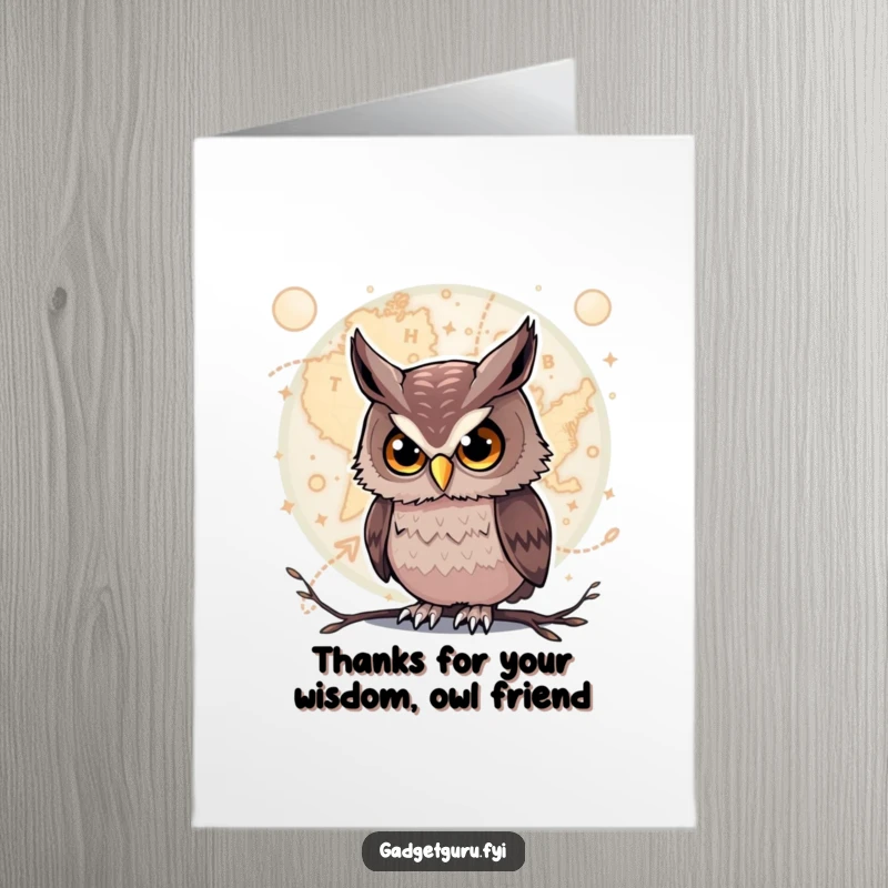 Funny Free Printable Owl Thank You Card: Curious owl consulting a glowing map, a humorous way to say thanks.