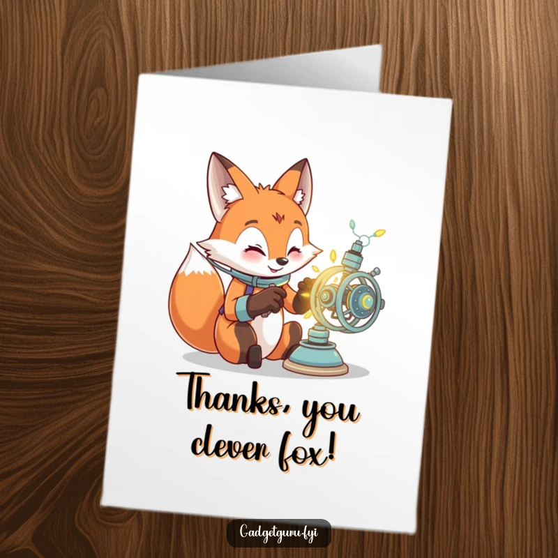 Funny free printable thank you card featuring a fox excitedly working on a glowing contraption, expressing gratitude for great ideas.