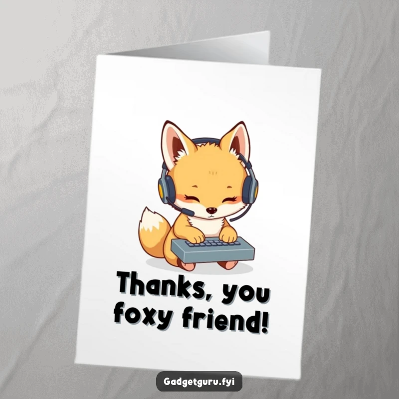 Funny Free Printable Thank You Card: Fox cub wearing a headset, typing on a tiny keyboard, sending a heartfelt thank you.