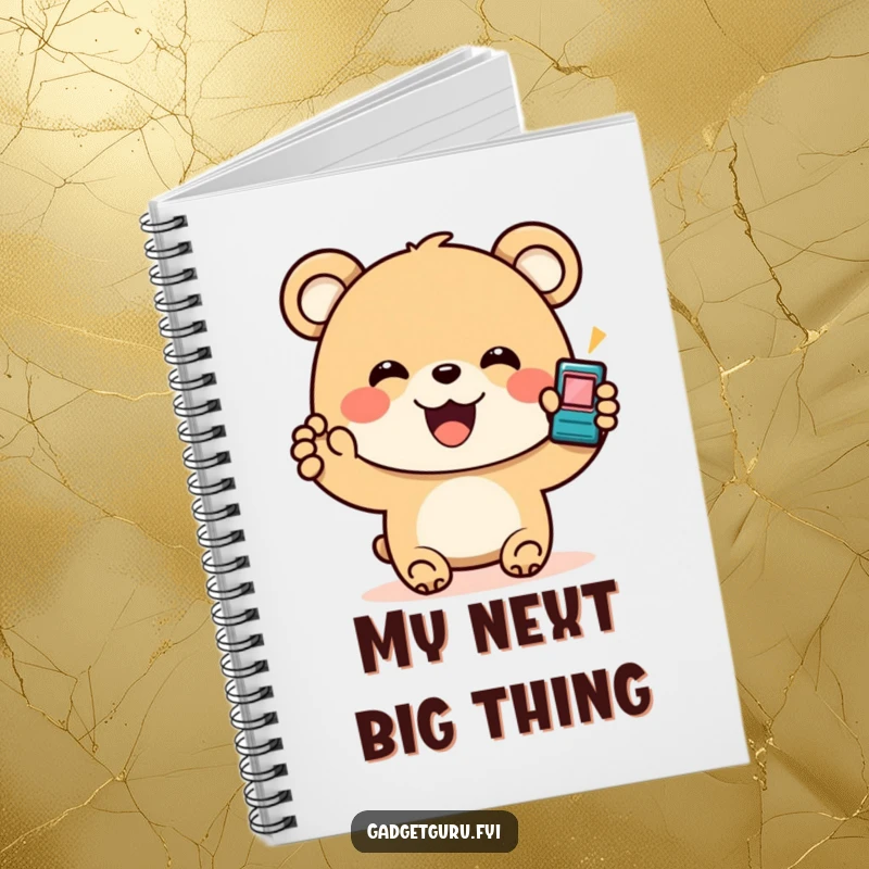 Funny Bear Gadget Notebook: A notebook adorned with a happy bear character enthusiastically holding a tiny, flashing gadget, perfect for capturing ideas.