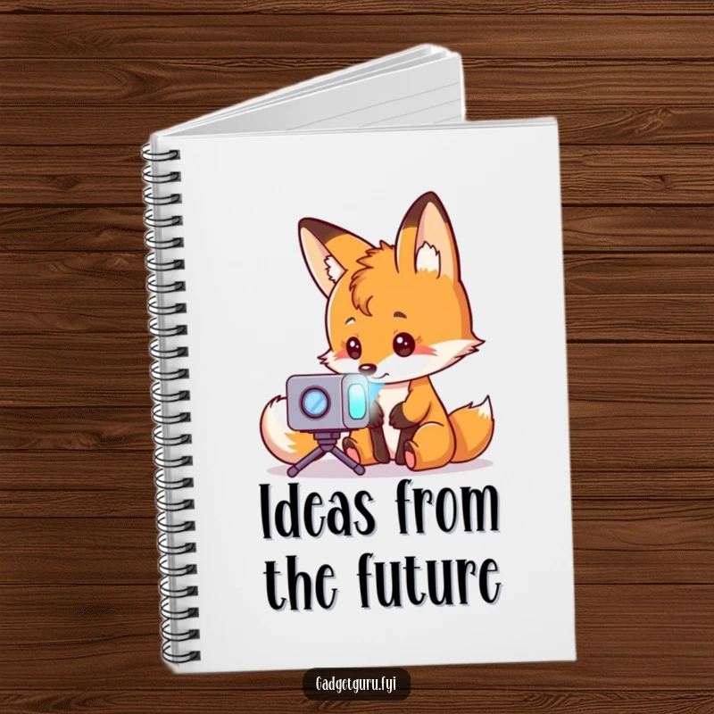 Funny fox character intently studying a miniature holographic projector, perfect for note-taking or drawing, inside a notebook.