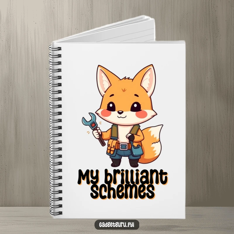 Funny notebook showcasing a small fox character in a tool belt, holding a miniature wrench.