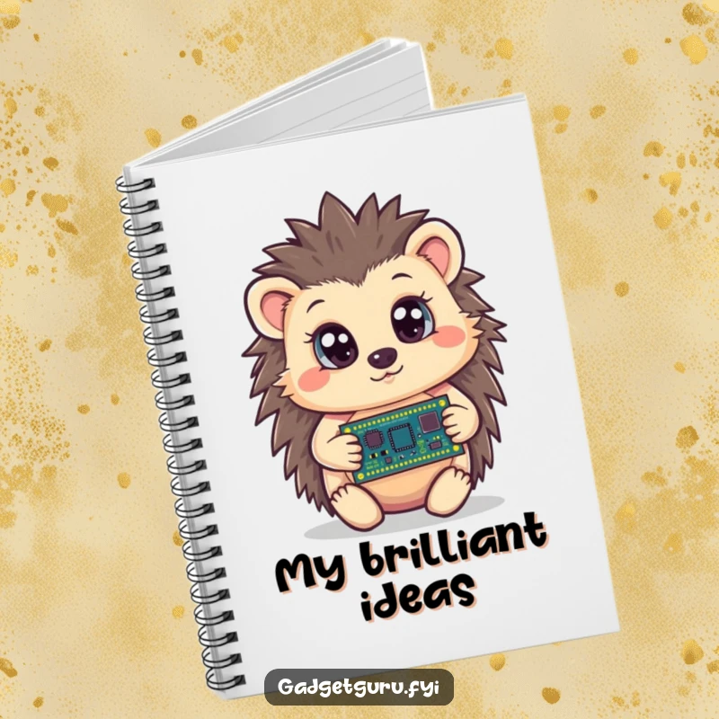 Funny hedgehog notebook featuring a curious character holding a tiny circuit board with wide eyes, perfect for notes and tech plans.