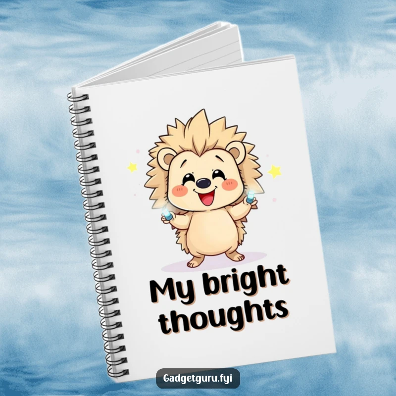 Funny notebook cover featuring a happy hedgehog character juggling small, flashing LEDs, ready for notes.