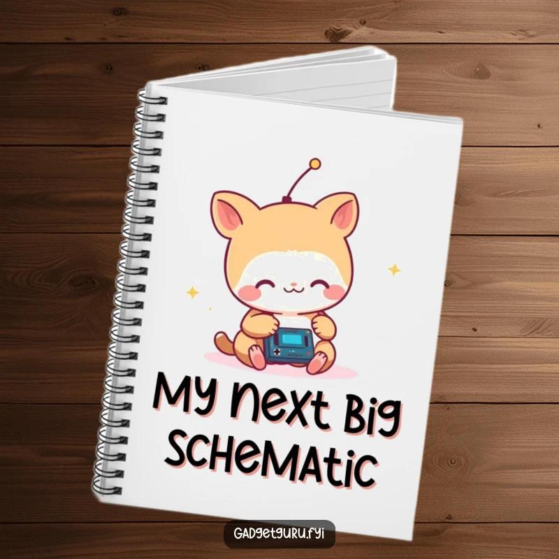 Funny Small Animal with Antenna Critter Joyfully Tinkering with a Tiny Circuit Notebook, a Journal for Ideas.