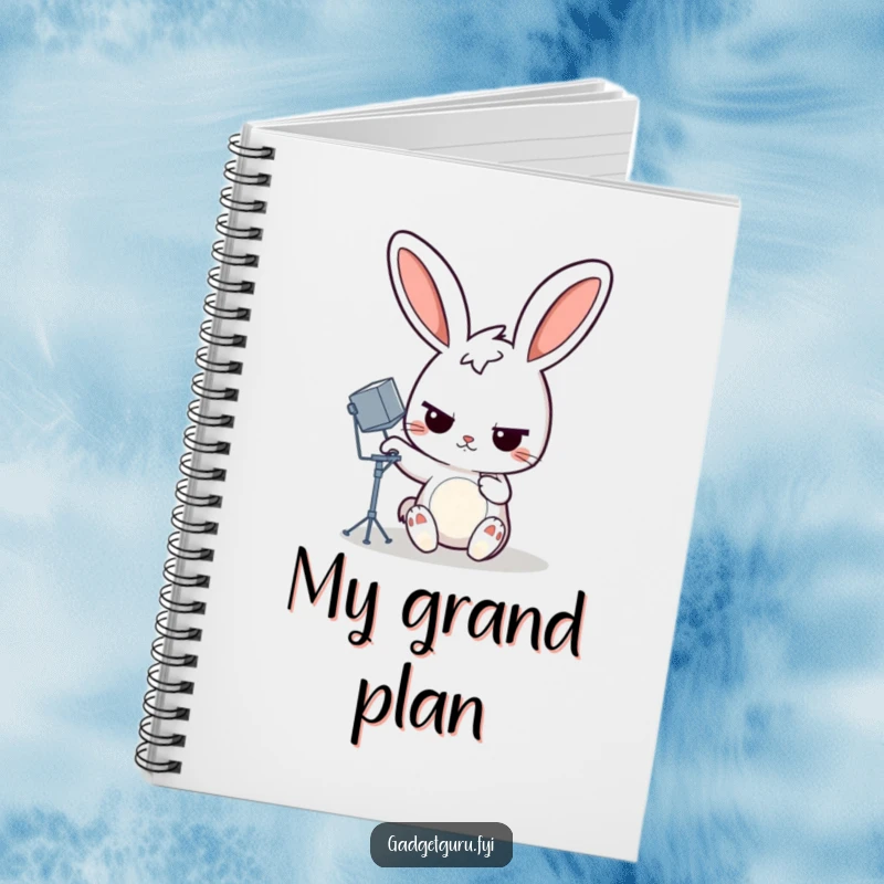 Funny rabbit notebook featuring a determined cartoon rabbit adjusting a miniature satellite dish, perfect for notes and tech-related plans.