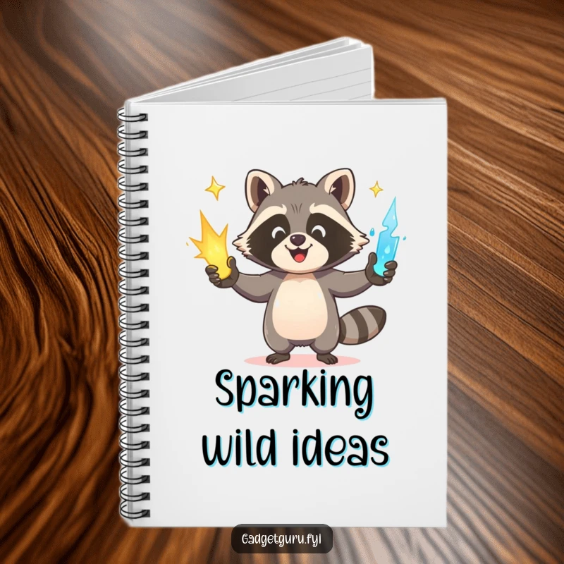 Funny Raccoon Notebook: A happy raccoon juggles glowing power sources, ideal for jotting down energetic ideas.