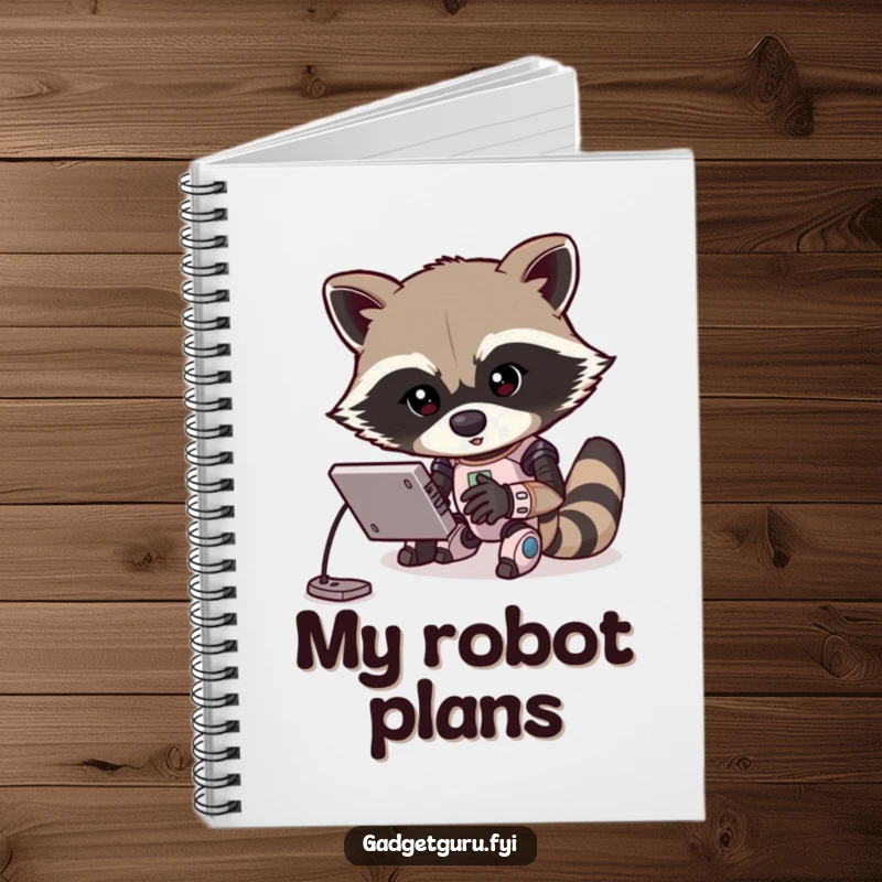Funny notebook cover featuring a determined raccoon character energetically programming a small robot. A humorous and practical tool for tech enthusiasts.