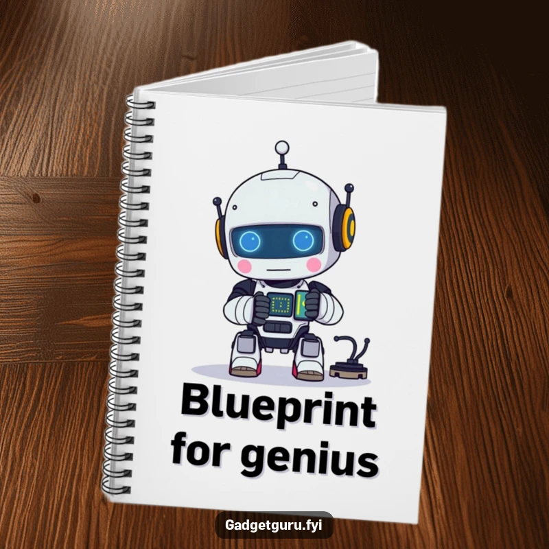 Funny notebook cover with a small robot character happily assembling a tiny, glowing circuit, inspiring smart and inventive thoughts.