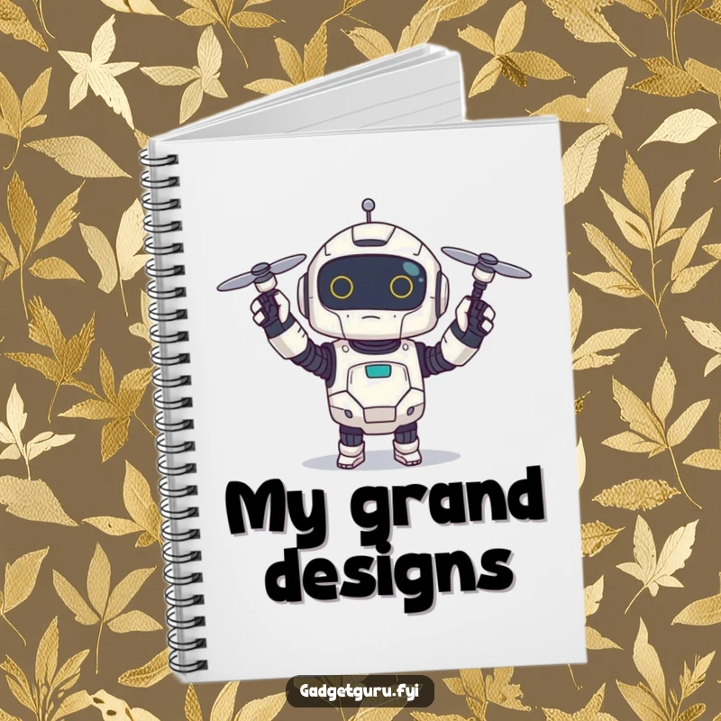 Funny notebook cover with a small, excited robot character holding a tiny spinning drone, perfect for jotting down futuristic ideas.