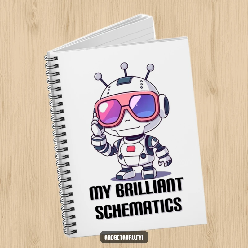 Funny robot notebook with a cute character adjusting oversized futuristic glasses, perfect for jotting down tech ideas.