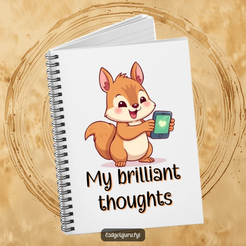 Funny notebook with a cute squirrel character excitedly holding a glowing smartphone, encouraging humorous note-taking and tech ideas.