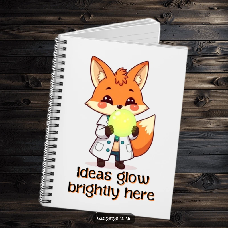 Funny notebook with a cheerful fox scientist in a lab coat, holding a glowing orb, ideal for jotting down brilliant ideas.