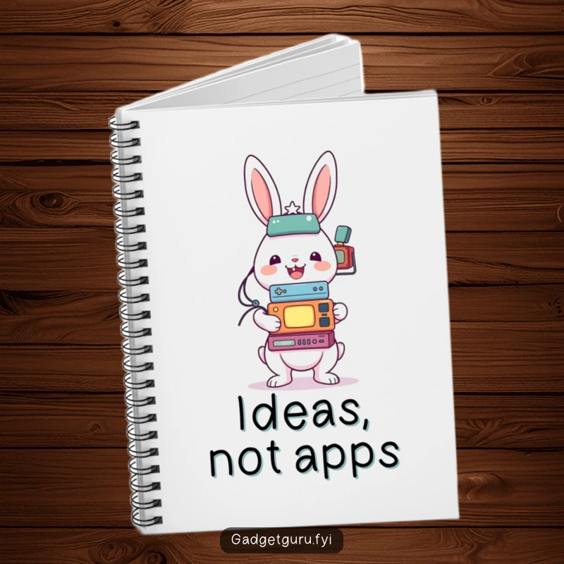 Funny notebook with a cheerful rabbit character balancing a stack of small electronic gadgets on its cover.