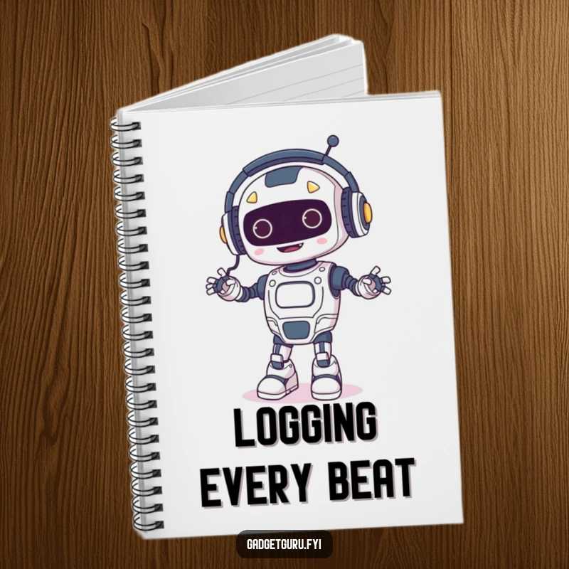 Funny notebook cover featuring a happy robot wearing tiny headphones and dancing, with glowing wires, ideal for notes and tech ideas.
