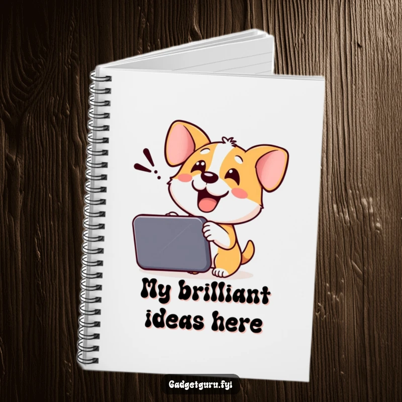 Funny Dog Notebook: A cheerful dog demonstrates a new gadget, creating a fun space for writing and brainstorming notes.