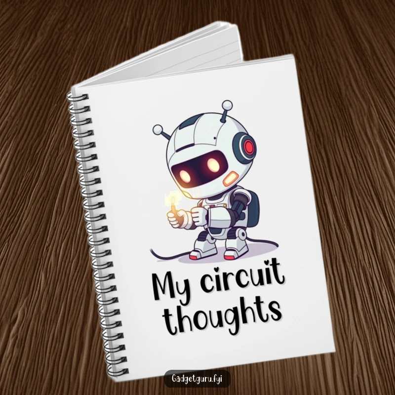 Funny Notebook featuring a cute robot character enthusiastically tinkering with a glowing wire, ideal for jotting down tech ideas.