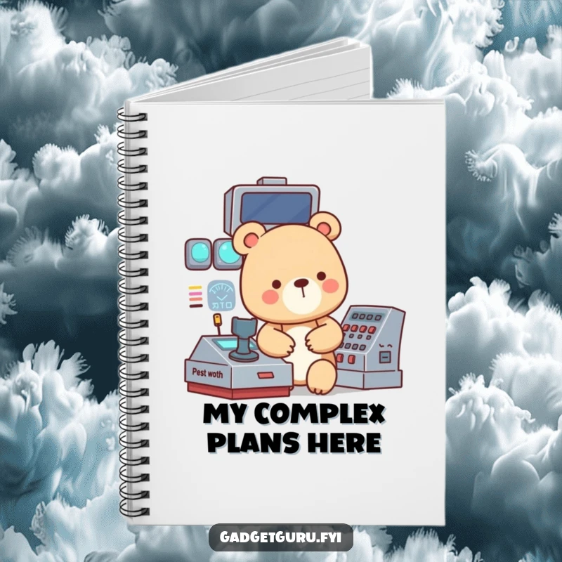 Funny notebook with a small, focused bear character operating a complex, blinking control panel, perfect for note-taking.