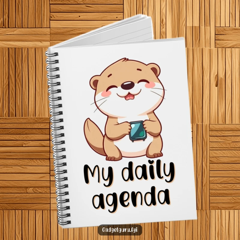 Funny notebook showcasing a cheerful otter character joyfully interacting with a tiny smartwatch.