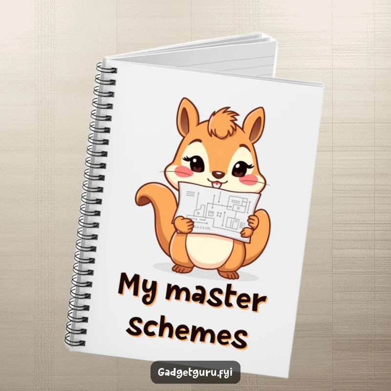Funny cheerful squirrel character holding a tiny blueprint with determination, printed on a notebook for planning.