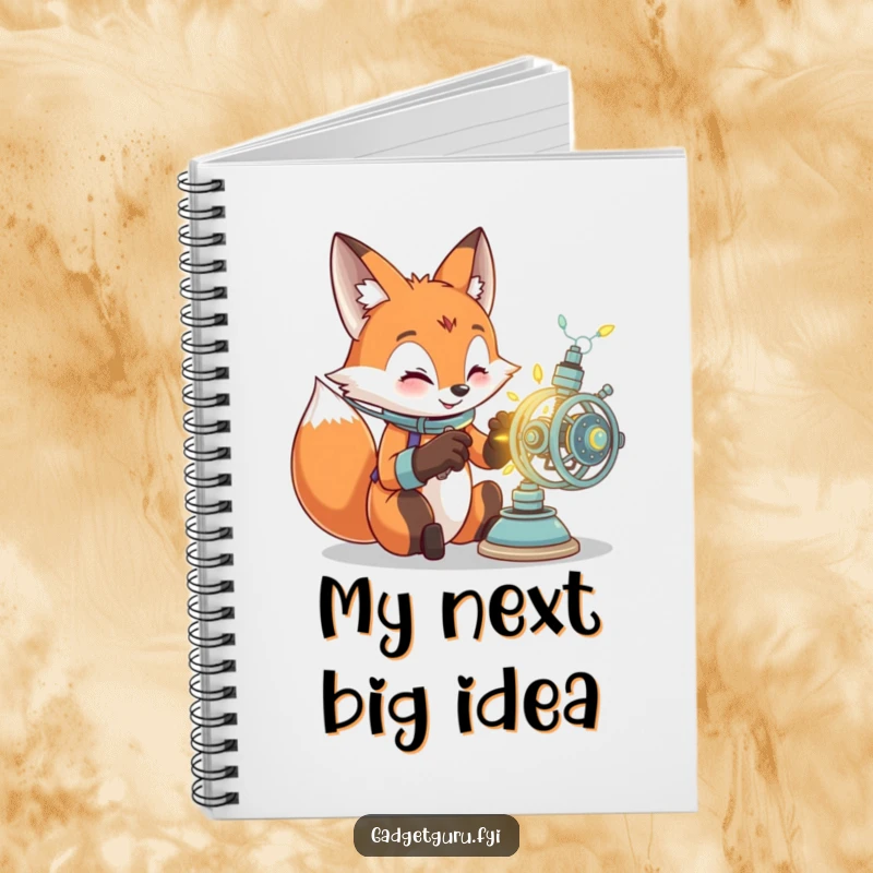 Funny notebook cover with an excited fox character engrossed in building a glowing, intricate contraption, symbolizing creative thinking.