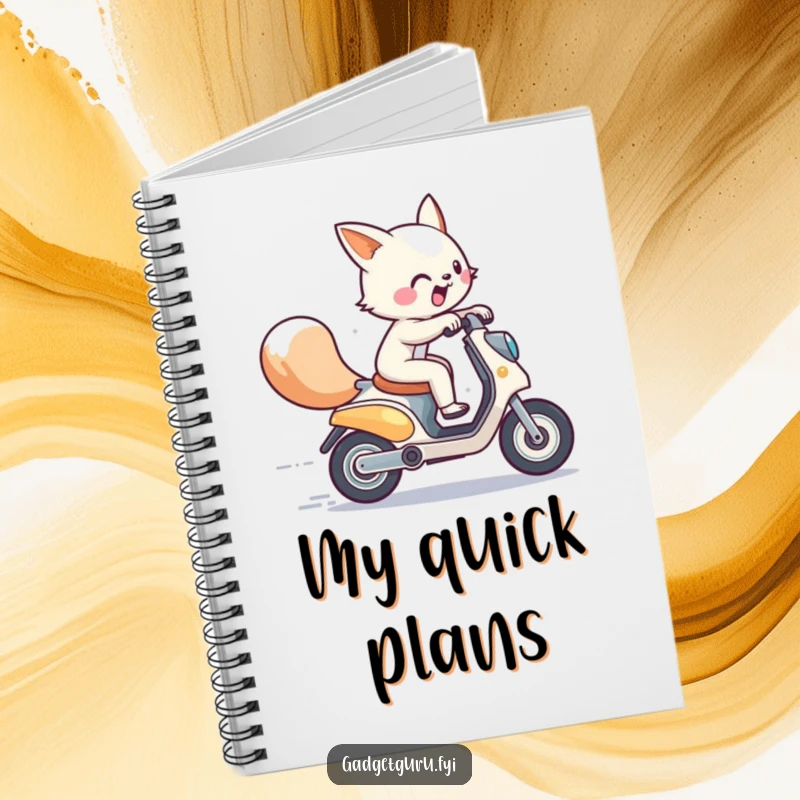 Funny notebook featuring an energetic animal character on a miniature futuristic scooter, inspiring fast thinking and humorous notes.