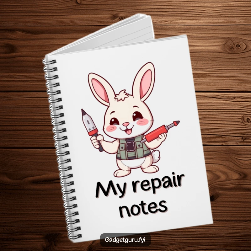 Funny notebook cover with a cheerful bunny character confidently holding a tiny screwdriver, ready for planning and note-taking.