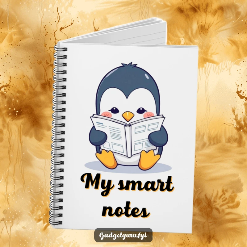 Funny penguin notebook with a studious character reading a small tech manual, ideal for taking notes and organizing information.