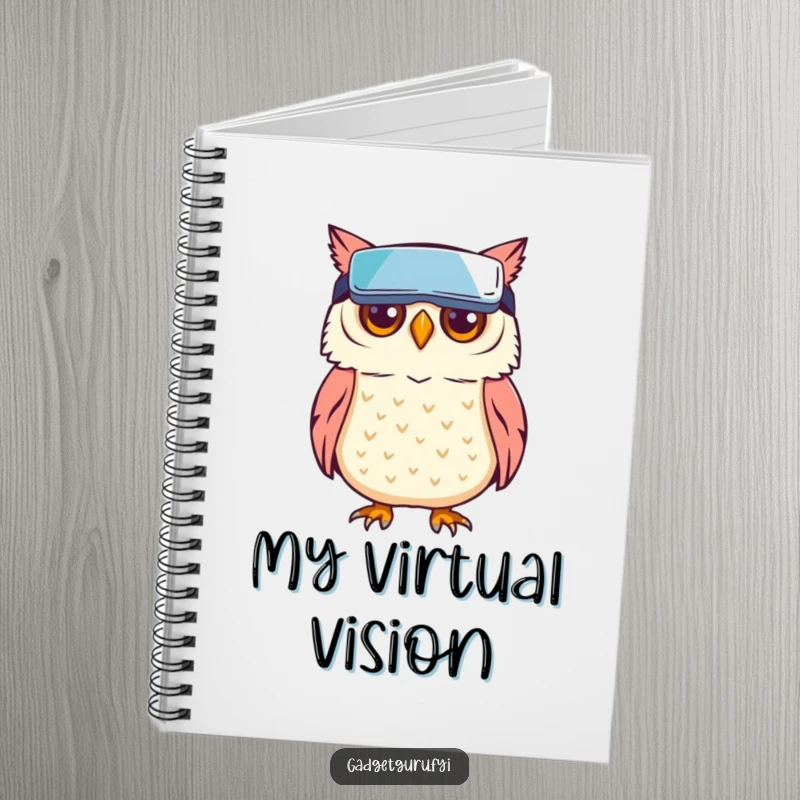 Funny owl character wearing miniature VR goggles, perfect for note-taking or planning, inside a notebook.