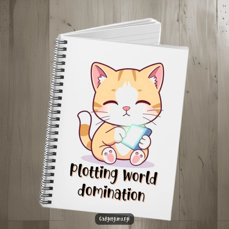 Funny notebook showcasing a curious cat reaching a paw towards a small, glowing screen, inviting exploration.