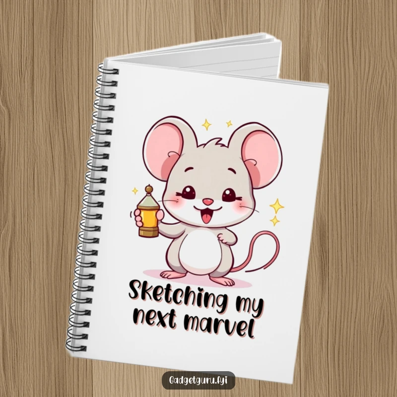 Funny Mouse Notebook: A proud mouse holds a miniature, sparking invention, perfect for capturing ingenious thoughts.