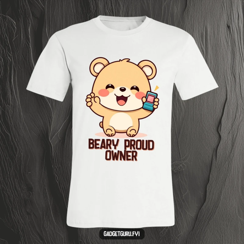 Funny Bear Gadget T-Shirt: A smiling bear character enthusiastically presenting a tiny, blinking gadget, perfect for showing off tech enthusiasm.