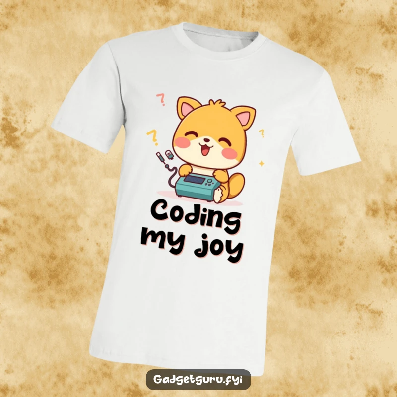 Funny t-shirt showing a happy animal character happily beeping while programming a small device, embracing the fun side of tech.