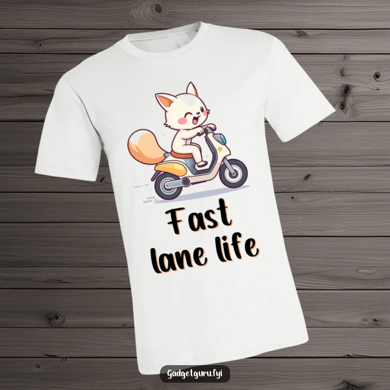 Funny t-shirt featuring an energetic animal character zipping past on a miniature, futuristic scooter, embodying speed and playful excitement.