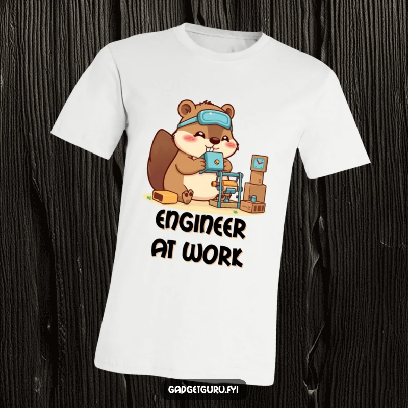 Funny beaver t-shirt with a happy character building a small gadget structure, representing creativity and hands-on skills.