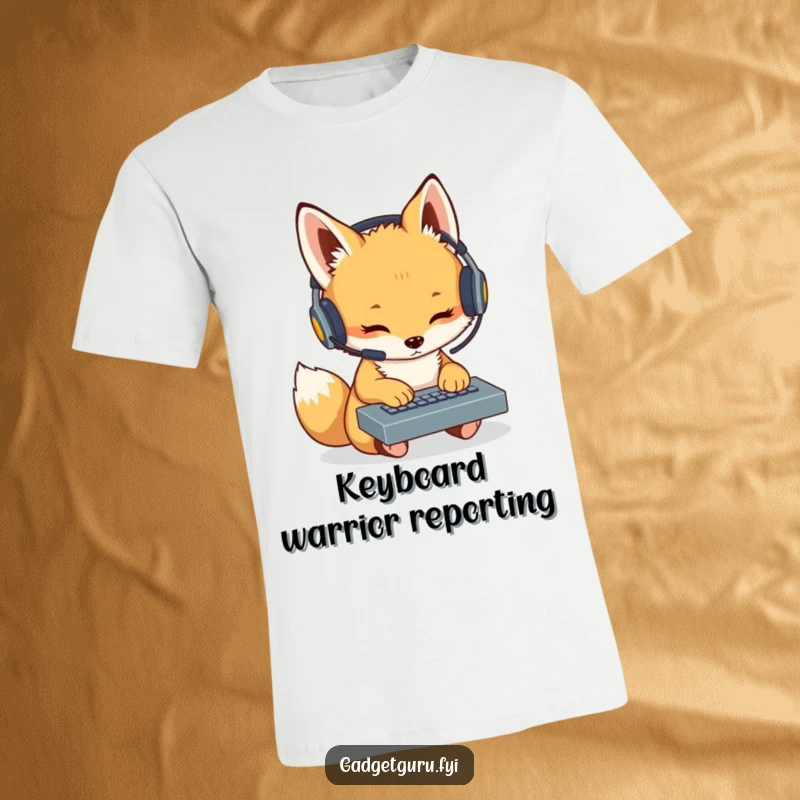 Funny Fox Cub Coder T-Shirt: A cute fox cub with a headset intensely types on a miniature keyboard, ideal for tech apparel.