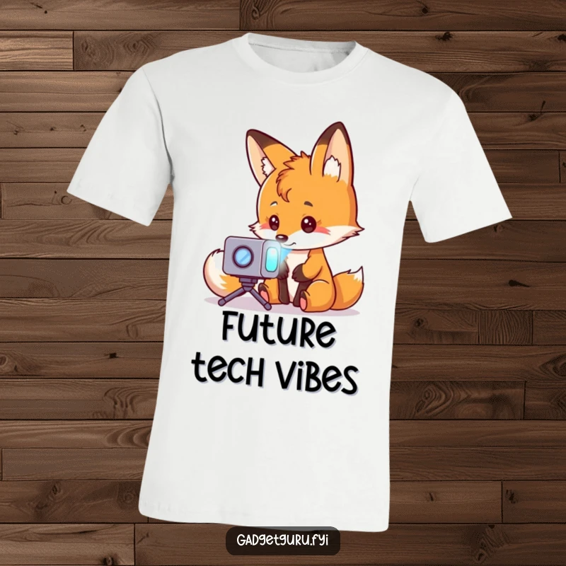 Funny fox character gazing at a miniature holographic projector, embodying curiosity and intellect, on a comfortable t-shirt.