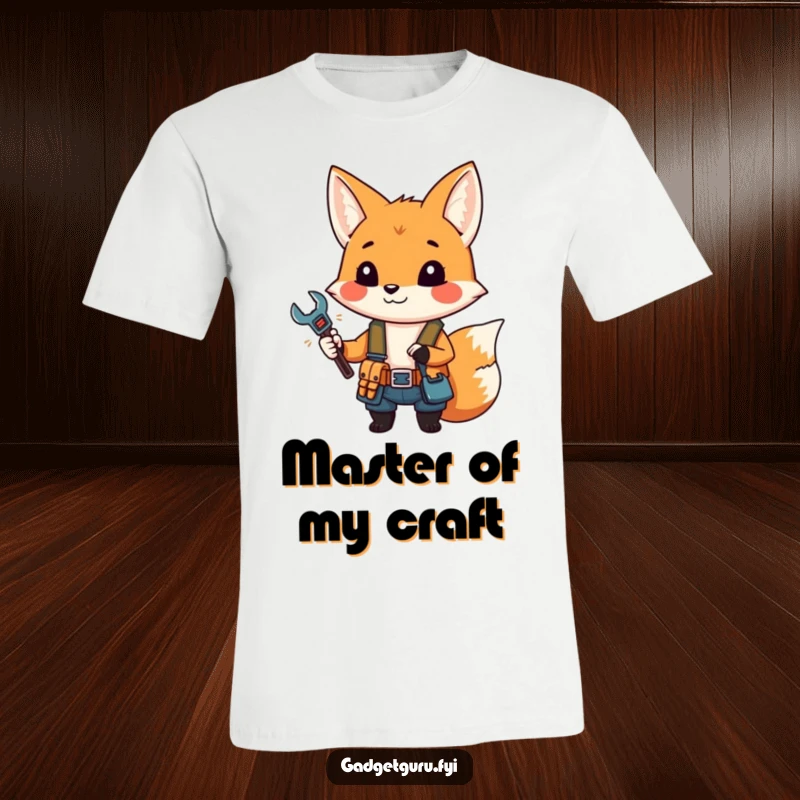Funny fox t-shirt depicting a small character wearing a tool belt and holding a tiny wrench, ready for repairs.