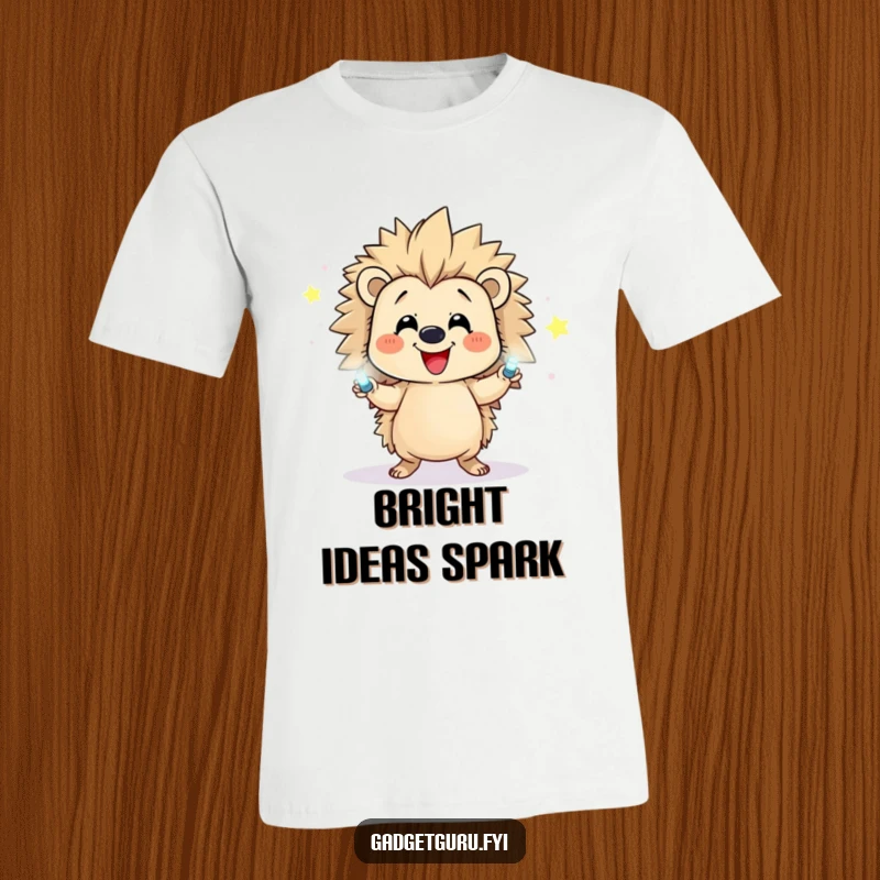 Funny t-shirt of a happy hedgehog juggling multiple tiny, flashing LEDs, radiating joy and skill.
