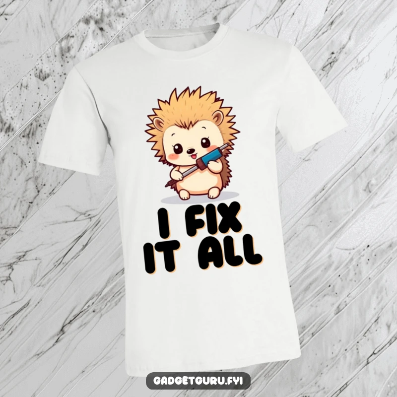 Funny Hedgehog Maker T-Shirt: A tiny hedgehog with spiky hair holding a miniature soldering iron, perfect for DIY enthusiasts and crafters.