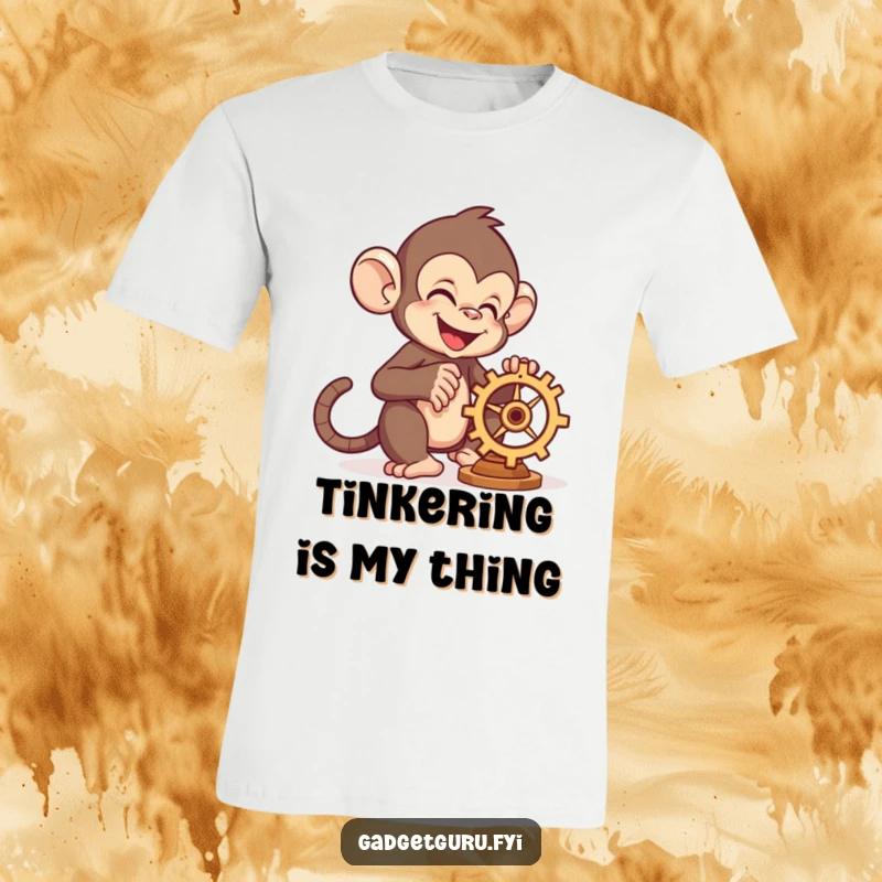 Funny monkey character happily fixing a small, whirring gear, symbolizing industriousness and joy, on a t-shirt.
