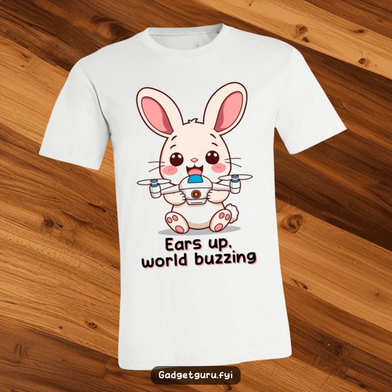 Funny rabbit t-shirt with energetic ears, excitedly holding a miniature drone, showcasing a playful and tech-loving personality.
