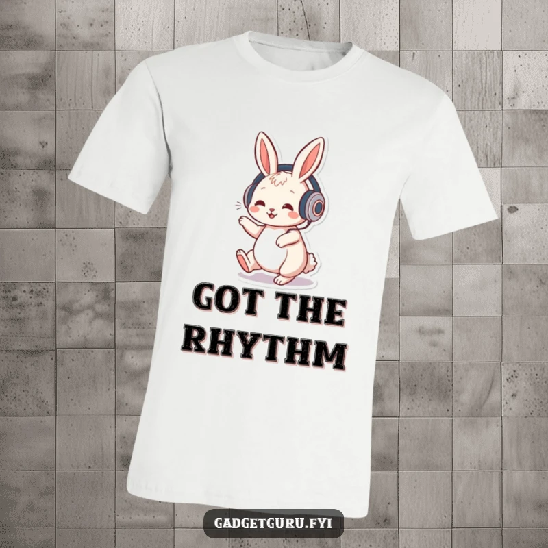 Funny t-shirt of a playful rabbit wearing headphones, tapping its foot energetically to music, radiating cool vibes.