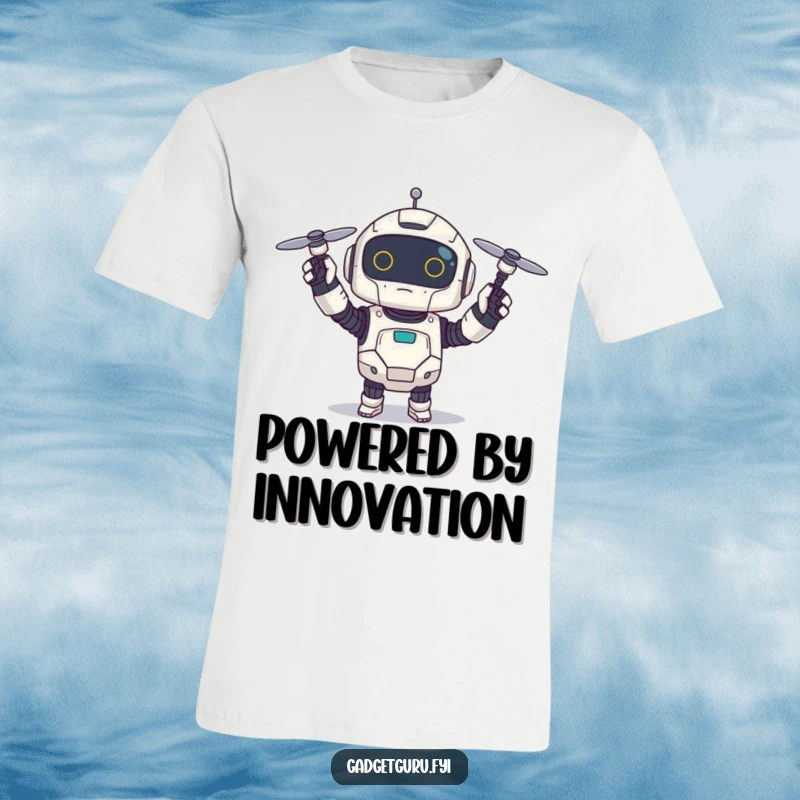 Funny t-shirt featuring a small, excited robot character holding up a tiny spinning drone, celebrating technological fun with a smile.