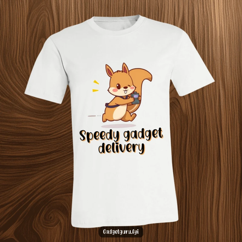 Funny t-shirt depicts a blur of a squirrel character zooming past with a small, flashing gadget, representing speed and innovation.